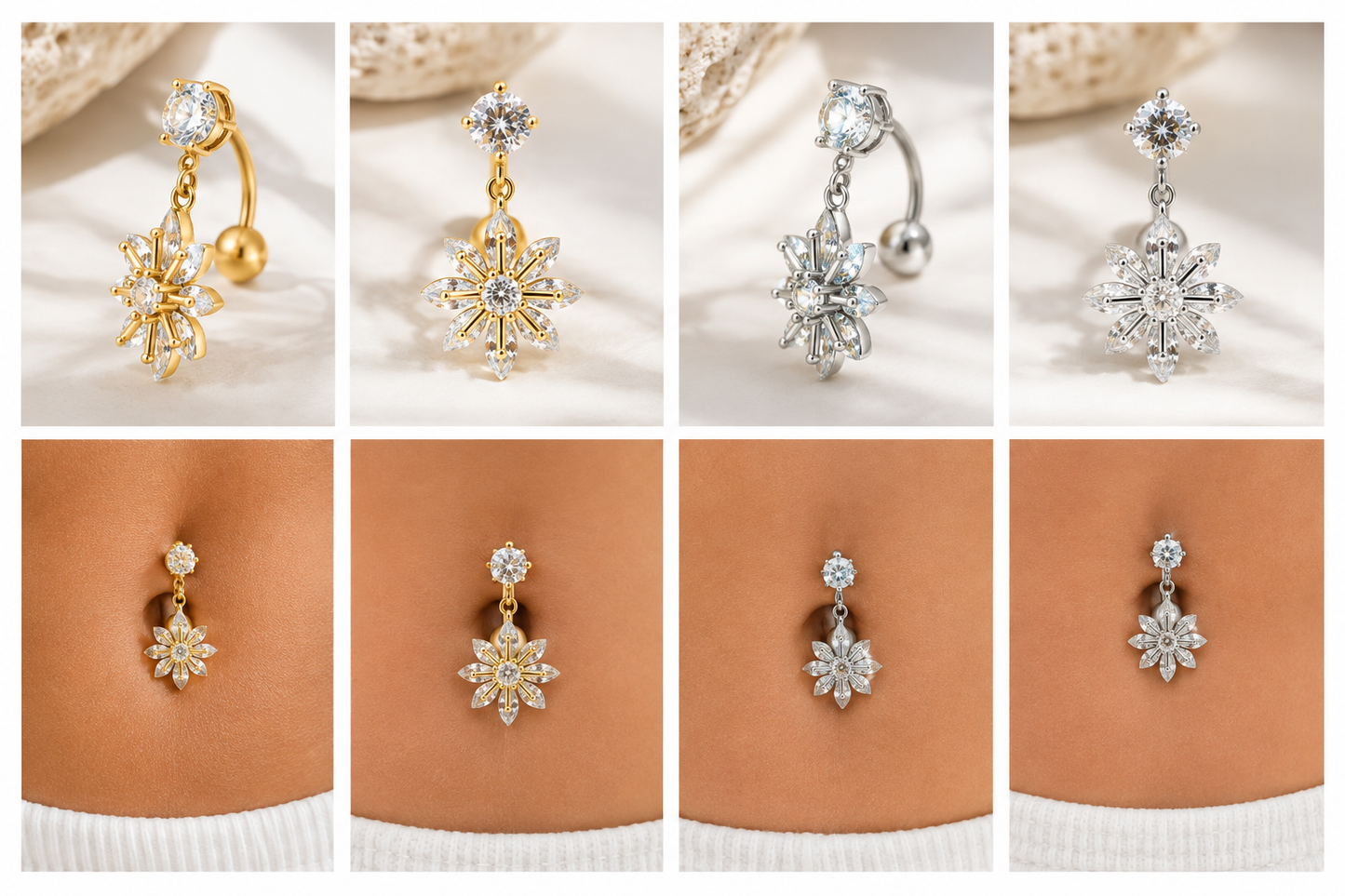 Funkeldes Bauchnabelpiercing mit Blütenanhänger